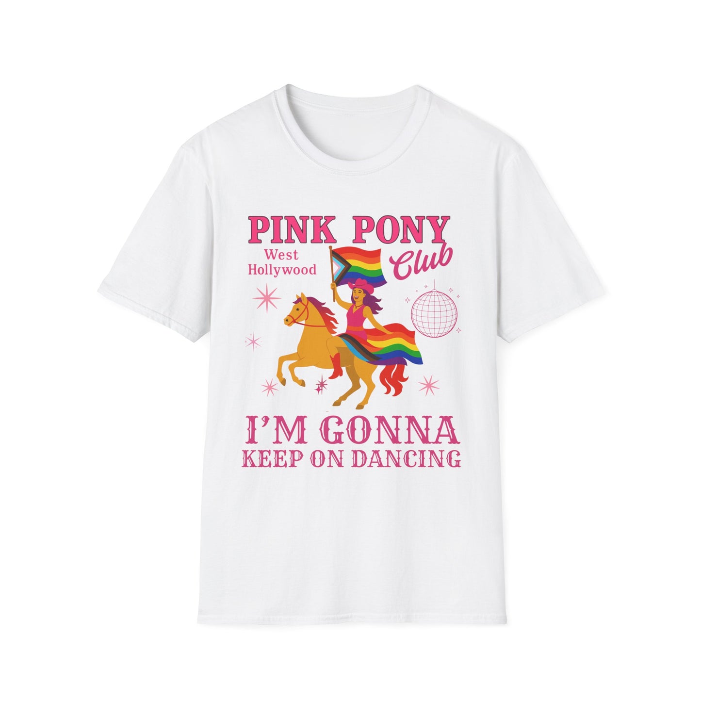 Pride Pink Pony T-Shirt, Unisex Softstyle Tee for LGBTQ+ Celebrations, Summer Festivals, Dance Parties, Gift for Friends, Vibrant Design