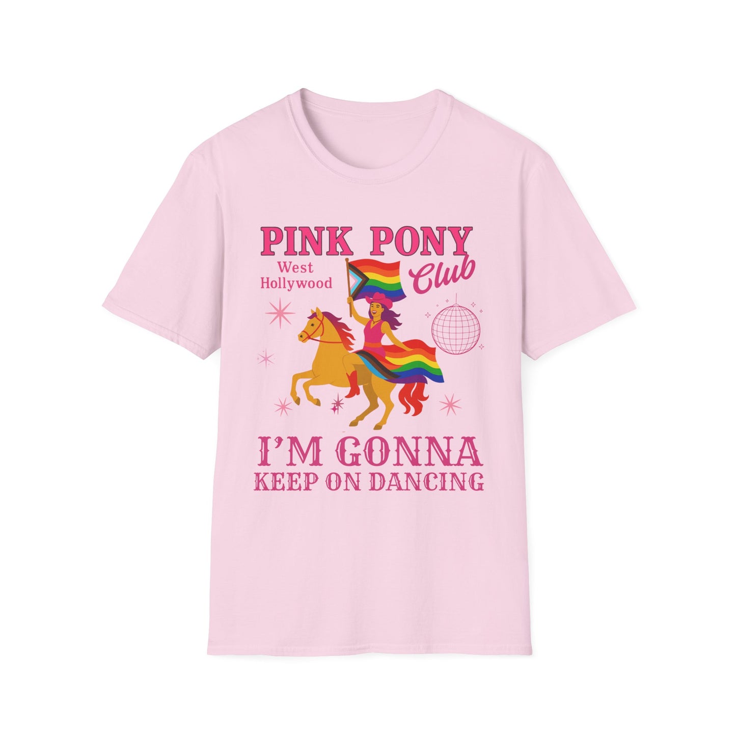 Pride Pink Pony T-Shirt, Unisex Softstyle Tee for LGBTQ+ Celebrations, Summer Festivals, Dance Parties, Gift for Friends, Vibrant Design