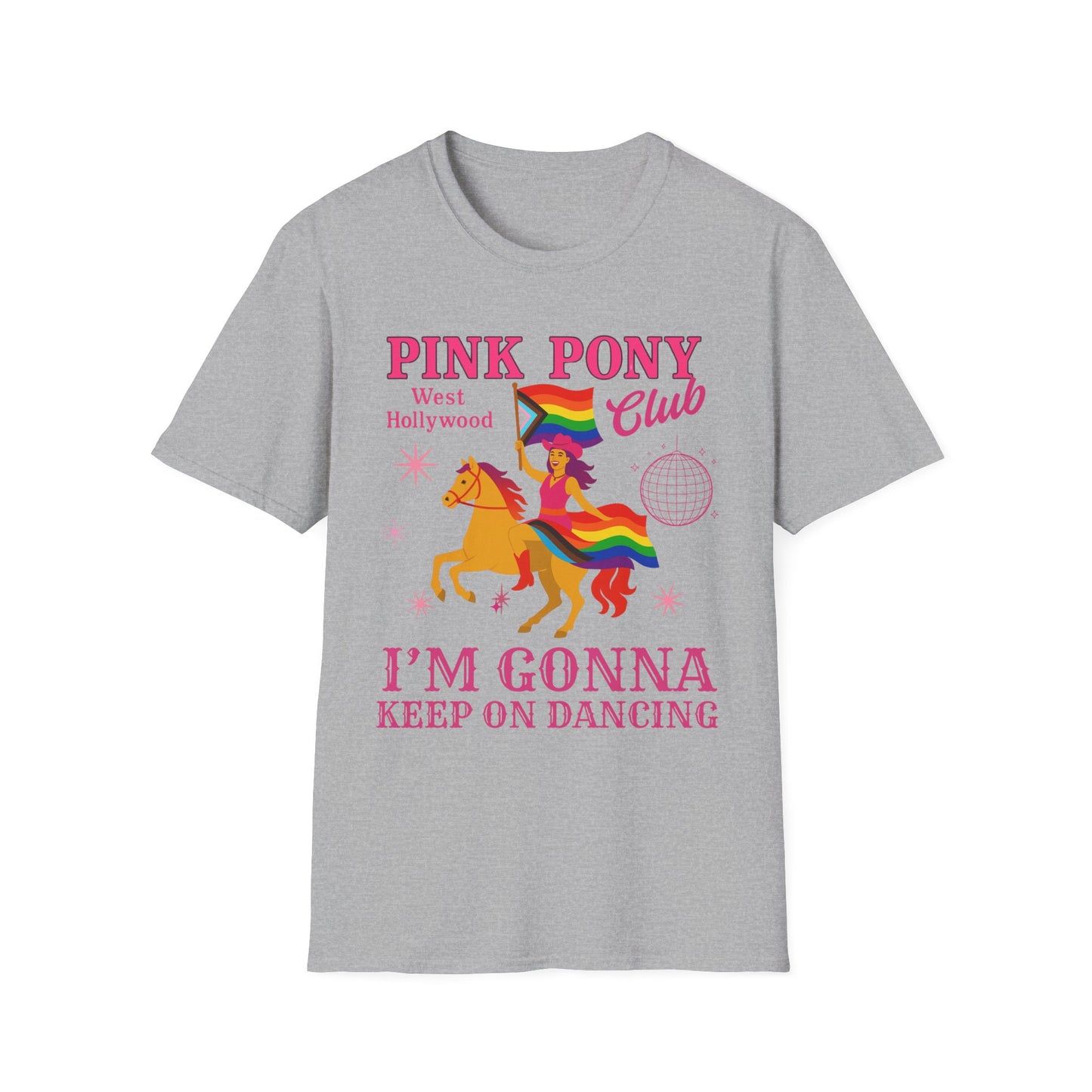 Pride Pink Pony T-Shirt, Unisex Softstyle Tee for LGBTQ+ Celebrations, Summer Festivals, Dance Parties, Gift for Friends, Vibrant Design