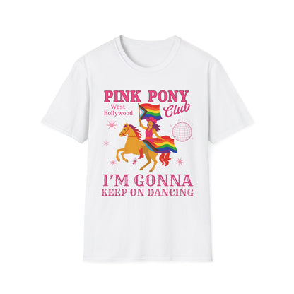 Pride Pink Pony T-Shirt, Unisex Softstyle Tee for LGBTQ+ Celebrations, Summer Festivals, Dance Parties, Gift for Friends, Vibrant Design
