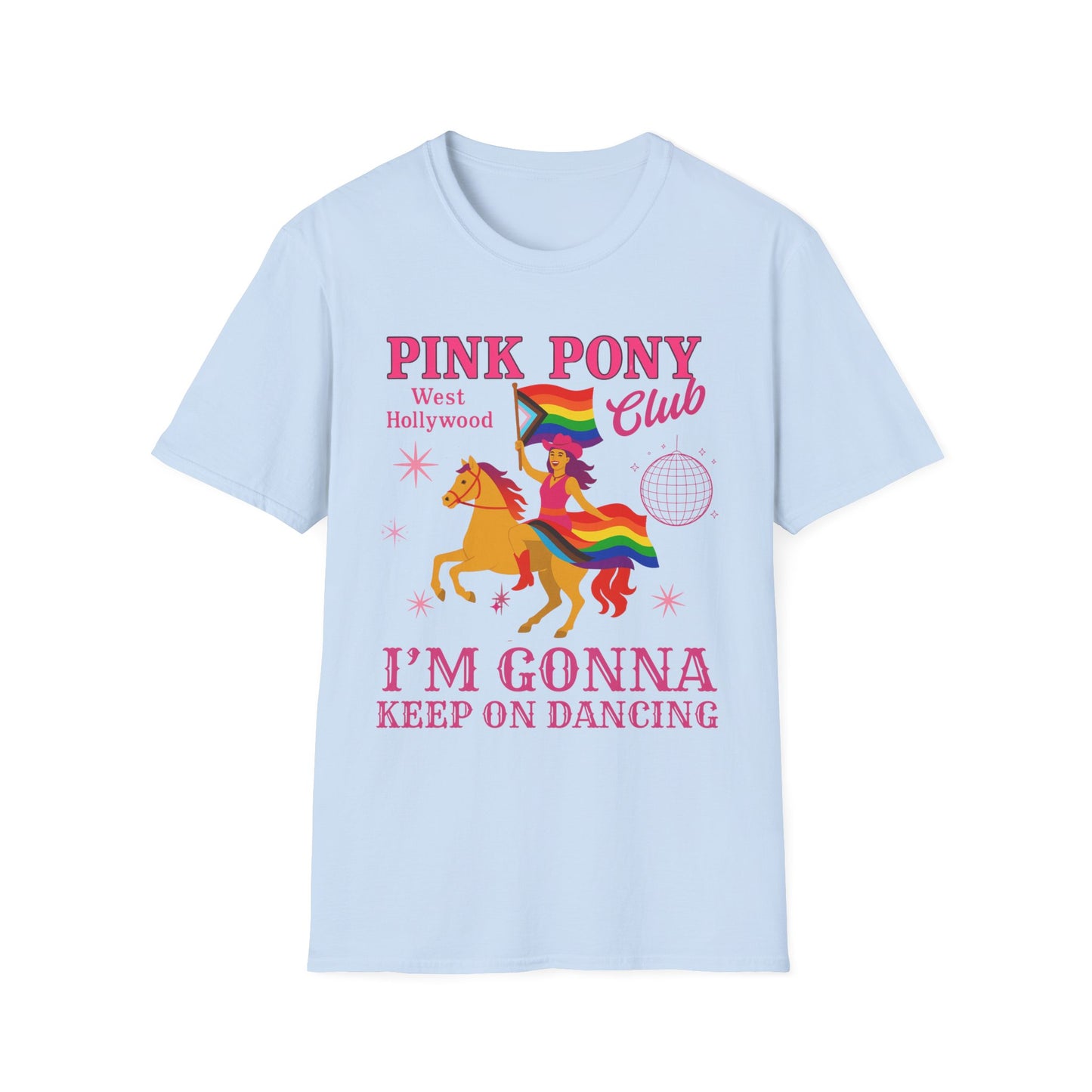 Pride Pink Pony T-Shirt, Unisex Softstyle Tee for LGBTQ+ Celebrations, Summer Festivals, Dance Parties, Gift for Friends, Vibrant Design