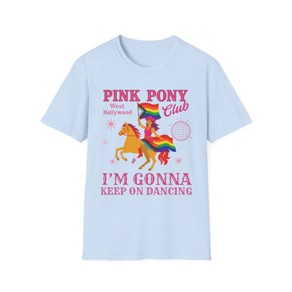 Pride Pink Pony T-Shirt, Unisex Softstyle Tee for LGBTQ+ Celebrations, Summer Festivals, Dance Parties, Gift for Friends, Vibrant Design